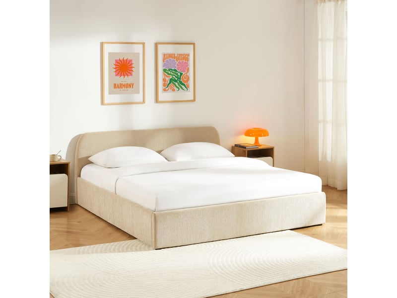  Lit coffre gela 180x200 tissu chenille beige sommier inclus  - Conforama B