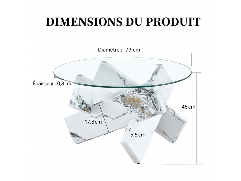  Table basse ronde en verre trempé muvano avec pieds en mdf effet marbre blanc, diamètre 79 cm et hauteur 45 cm  - Conforama E