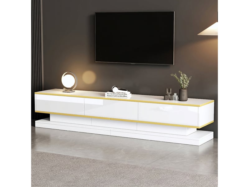  Meuble tv 200 cm blanc brillant, meuble bas avec 3 tiroirs et étagères, 200x40x40 cm, panneau de particules, blanc chaud et or.  - Conforama B