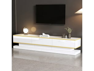 Meuble tv 200 cm blanc brillant, meuble bas avec 3 tiroirs et étagères, 200x40x40 cm, panneau de particules, blanc chaud et or.