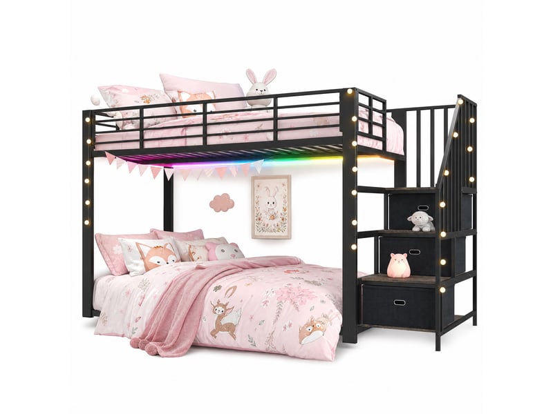  Lit superposé adulte en métal noir 90x200 cm, escalier réversible, led et prises  - Conforama E