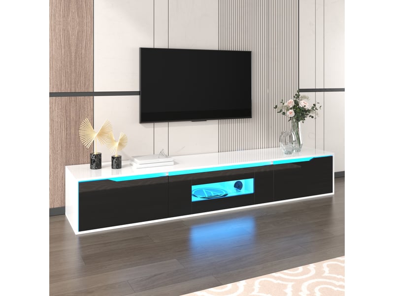 Meuble tv 180 x 35 x 30 cm, avec éclairage led, 3 compartiments à abattants et ouverture centrale, en panneaux de particules, blanc et noir brillant Luxe haut de gamme - Conforama R