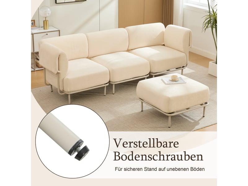 Canapé d'angle modulable 3 places en tissu chenille beige, avec pouf, 251×155×78 cm, design nordique - Conforama E