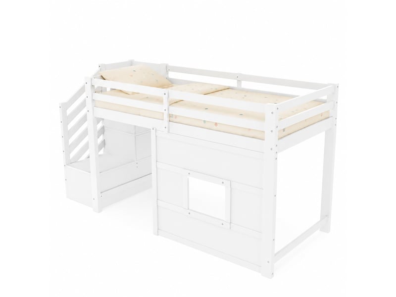 Lit mezzanine enfant 200×90 cm avec escalier de rangement, fenêtre et éclairage led, en mdf, pin et contreplaqué, blanc  - Conforama A