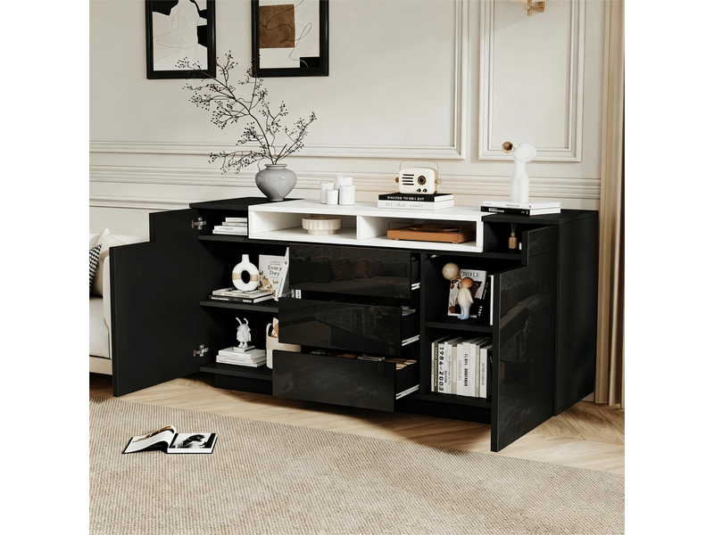 Buffet bas 140x40x68 cm noir avec 3 tiroirs, 2 portes, led rgb Fay Lum - Conforama B