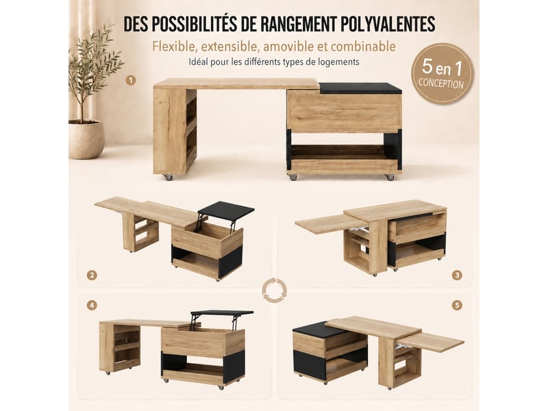  Table basse extensible multifonction avec plateau relevable, élément pivotant 360°, rangements, 161.5 cm, bois naturel et noir  - Conforama R