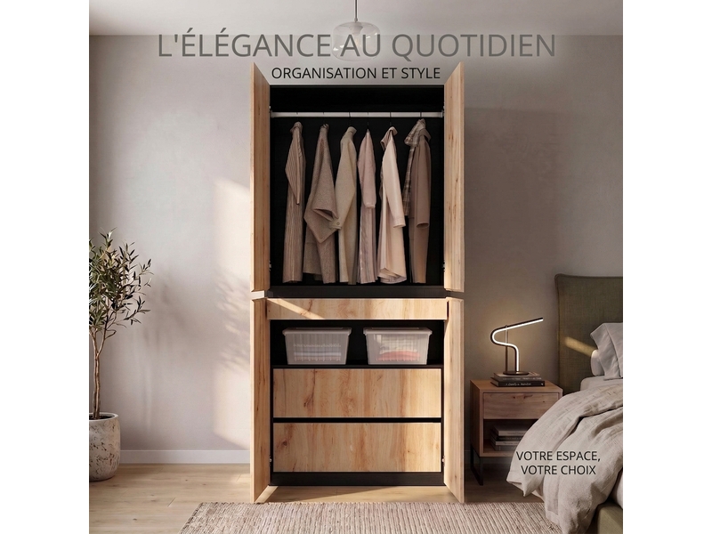  Vestiaire d'entrée avec miroir et led, armoire penderie 135 cm, 5 tiroirs, finition chêne  - Conforama B