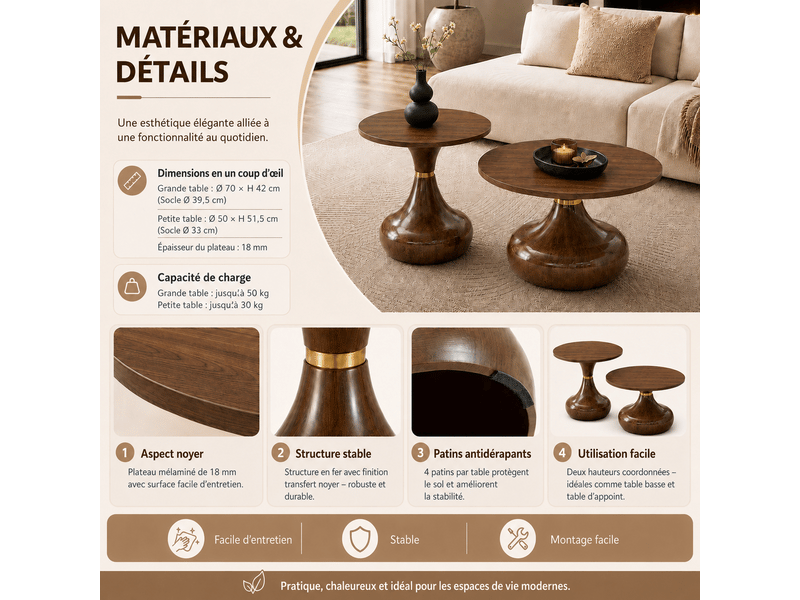  Tables basses gigognes avec 2 plateaux ronds et piètement sculpté, en mdf et métal, noyer, pour salon  - Conforama C