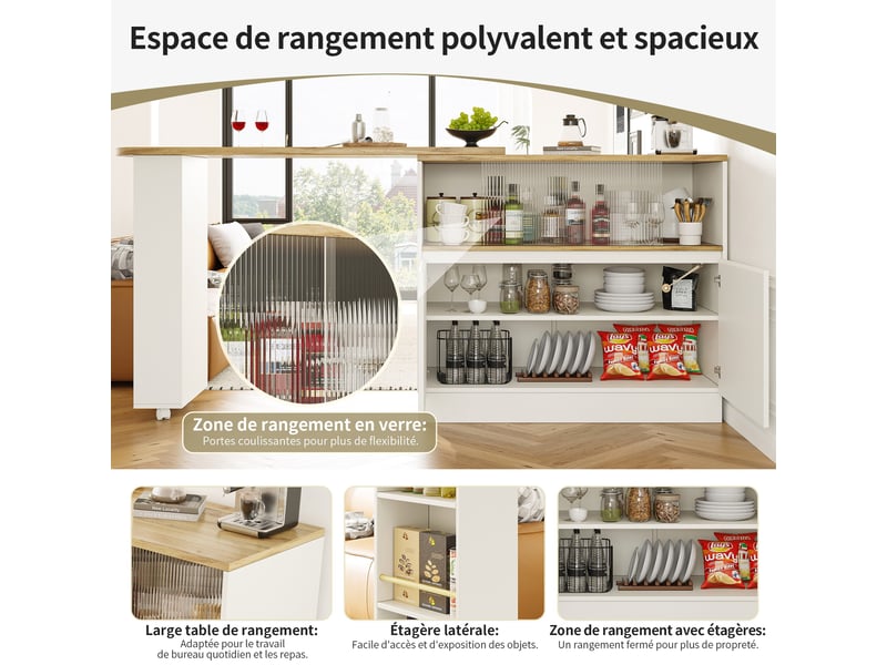  Table de bar pivotante à 360°, 90-120x45x100 cm avec étagère de rangement et porte coulissante en verre, blanc  - Conforama E