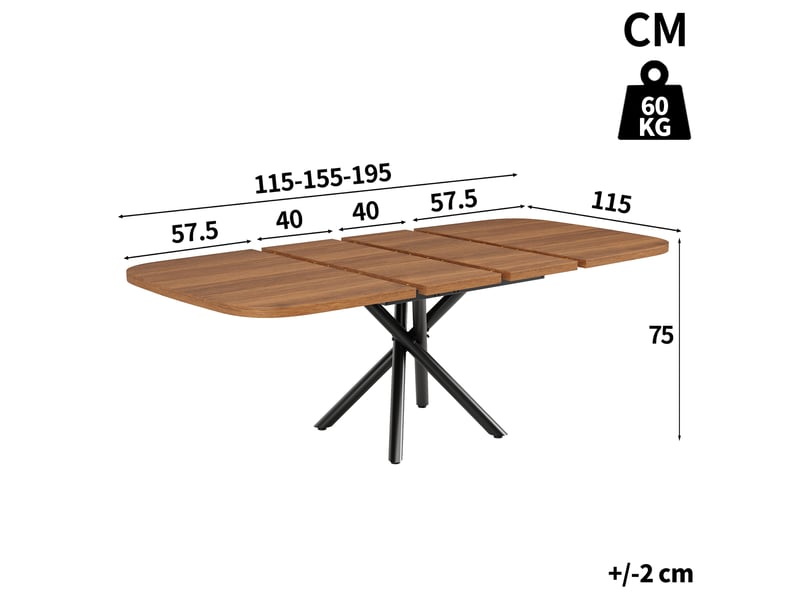 Table de cuisine extensible 115-155-195x115x75cm pour 4 à 8 personnes, piètement métallique en x robuste et hauteur des pieds réglable, chêne evarich - Conforama C