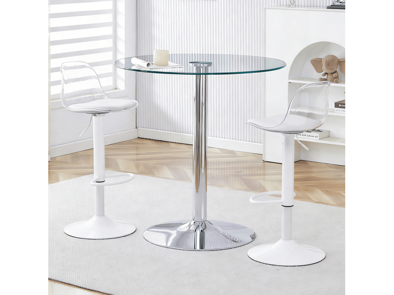  Ensemble bar moderne avec table ronde en verre 89 cm et 2 tabourets transparents réglables et pivotants à 360°  - Conforama E