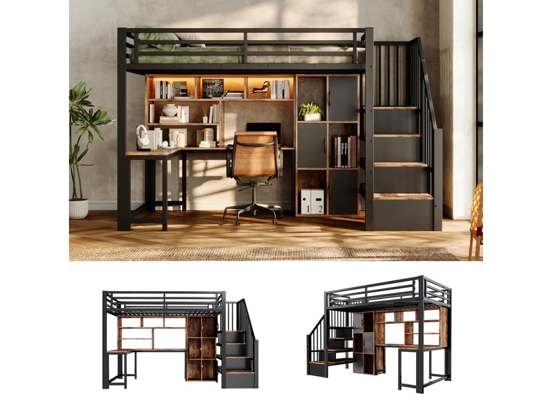  Lit mezzanine 90 x 200 cm - avec échelle de rangement - avec compartiments de rangement - avec bande lumineuse led - blanc (matelas non inclus)  - Conforama E