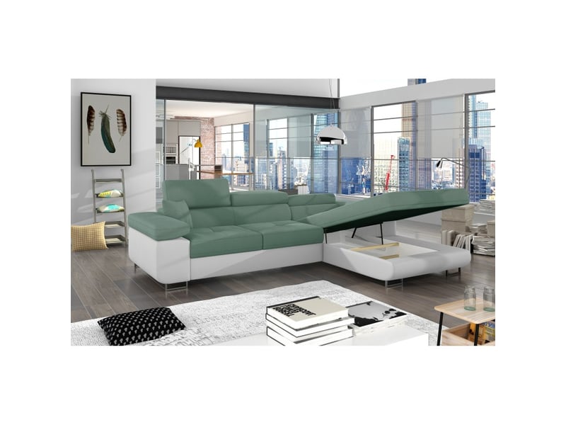  Canapé d'angle convertible amanda vert clair et blanc – tissu effet suédine – angle droit  - Conforama B