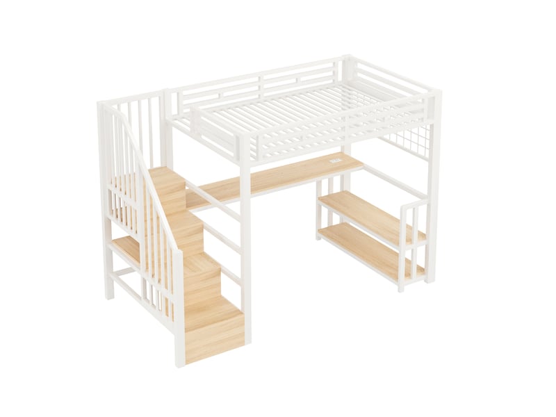  Lit mezzanine blanc 90 × 200 cm, bureau, led, rangements, 2 usb, type-c et grille suspendue  - Conforama D