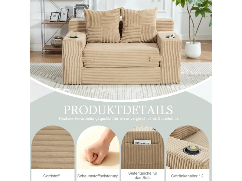 Fauteuil pouf en velours côtelé avec coussins amovibles, poches latérales et accoudoirs, kaki, 151 × 133 × 64 cm - Conforama E
