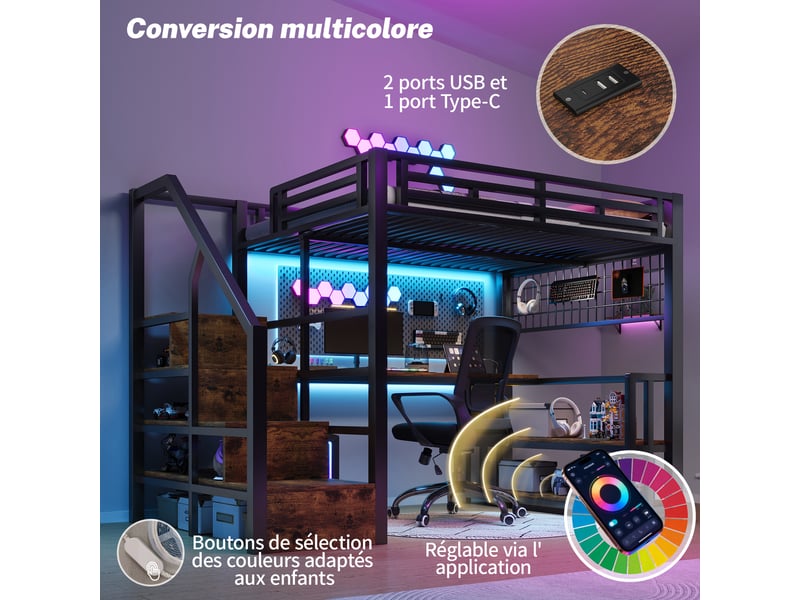 Lit mezzanine 140x200 cm fer noir avec étagère, panneau suspendu, bureau, escaliers rangement, led et usb-c  - Conforama E