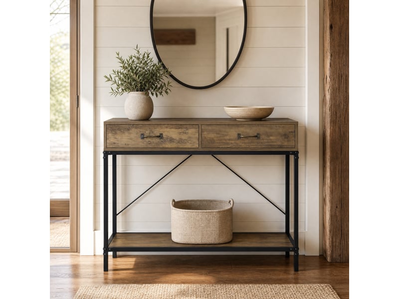 Console avec 2 tiroirs et étagère basse, style industriel, pour entrée et salon, marron et noir, 100 × 35 × 76,5 cm - Conforama B