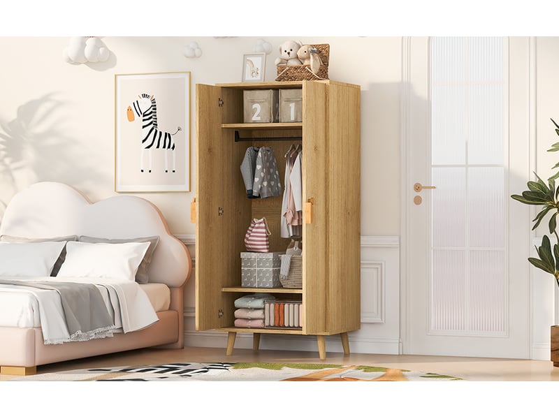  Armoire de chambre enfant 2 portes, penderie et compartiments, 70 × 55 × 170 cm, effet bois naturel, sur pieds  - Conforama D