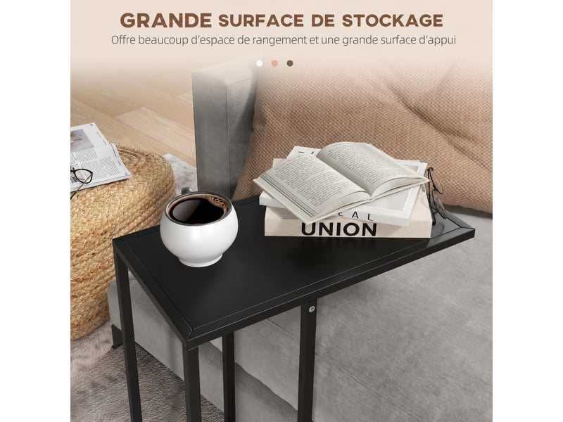  Table d'appoint en forme de c, bout de canapé noir avec cadre en acier robuste, table pour ordinateur portable, 46x26x60 cm.  - Conforama E