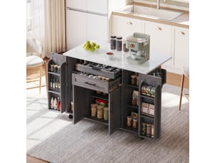 Desserte de cuisine 136 x 70 x 92 cm, grise en mdf, plateau extensible avec rangement sur roulettes