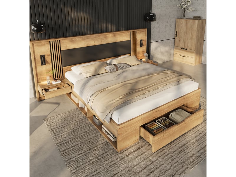  Lit double 180 x 200 cm avec rangement, tables de chevet et liseuses, naturel  - Conforama D