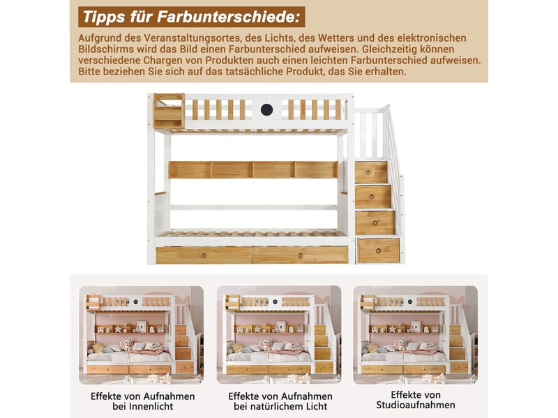  Lit superposé enfant 90x200, sécurité renforcée garde-corps, rangement intégré coffres escalier tiroirs  - Conforama D