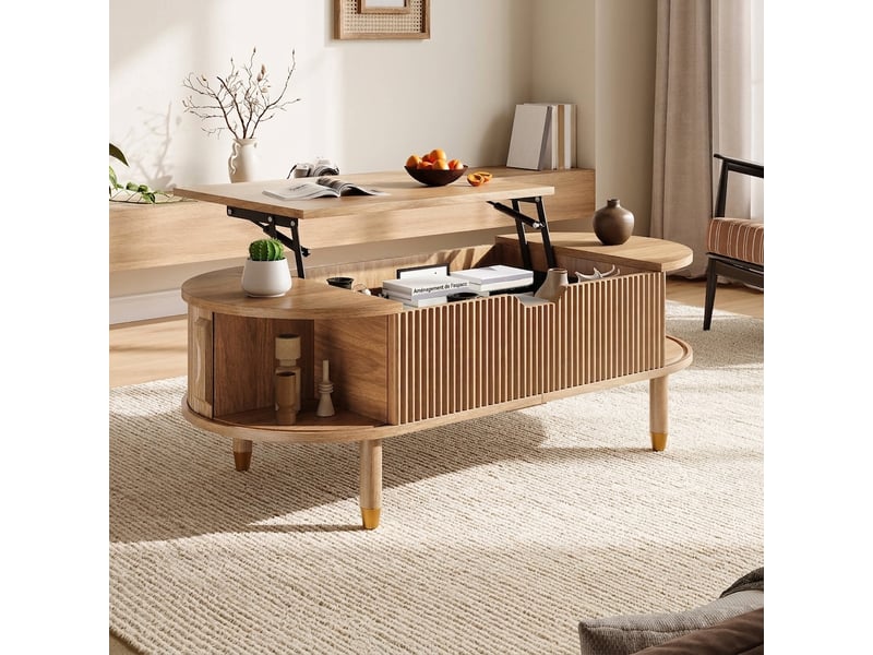  Table basse relevable ovale en mdf avec espace de rangement et portes coulissantes nervurées naturel  - Conforama D