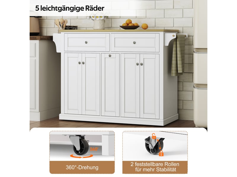  Îlot de cuisine mobile 121 × 49(69) × 89 cm naturel et blanc, mdf, plateau rabattable, tiroirs verticaux et roulettes  - Conforama C