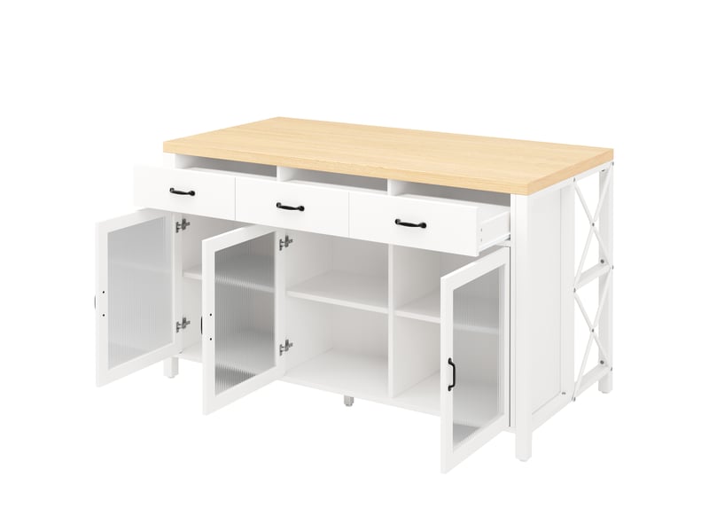 Îlot de cuisine 150x80x90 cm avec 3 tiroirs, 3 portes vitrées cannelées, led, étagères réglables et pieds réglables - blanc et bois naturel  - Conforama D