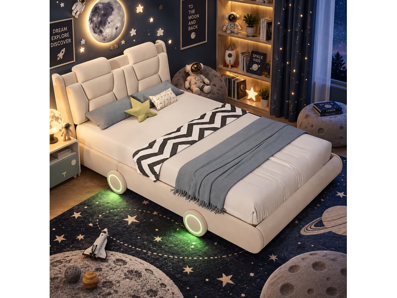 Lit enfant rembourré modenvie en forme de voiture avec tête de lit réglable, flanelle beige crème, couchage 140 x 200 cm et roues lumineuses - Conforama E