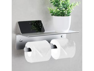 Porte papier toilette mural aluminium double argent, support hygiénique avec plateau rangement sans perçage