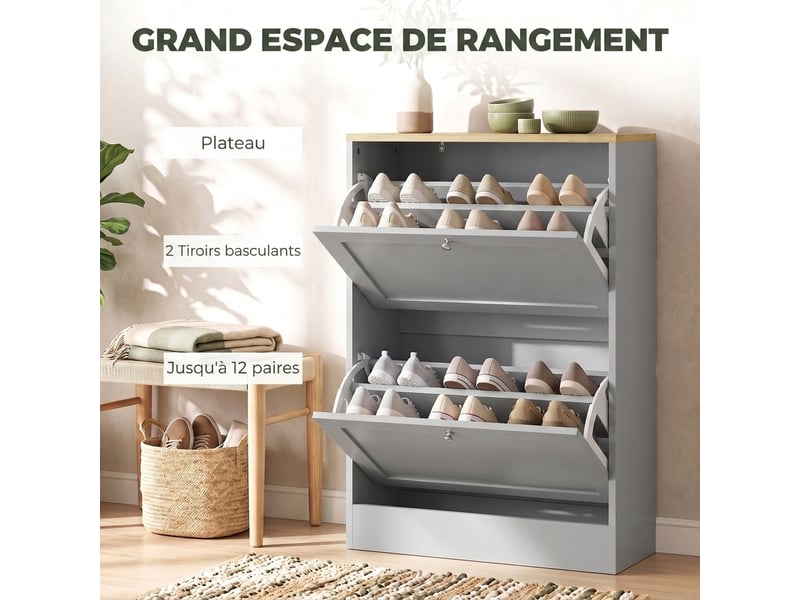  Meuble à chaussures 2 tiroirs rabattables 8-12 paires gris 60 x 23,5 x 80 cm  - Conforama D