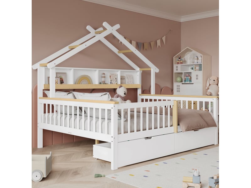  Lit enfant cabane 140 x 200 cm blanc et naturel avec barrières et tiroirs  - Conforama B