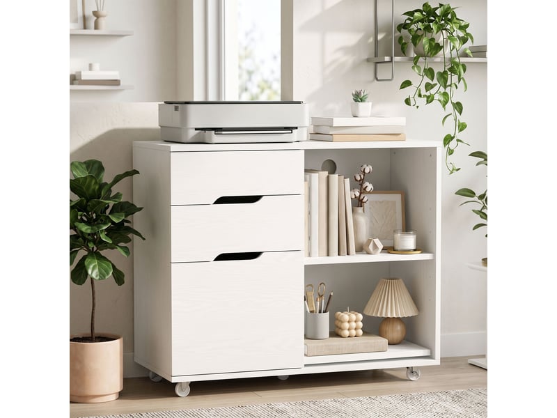  Meuble pour imprimante à roulettes, 3 tiroirs, barre réglable, 2 étagères ouvertes et poignées pour documents a4, blanc  - Conforama B
