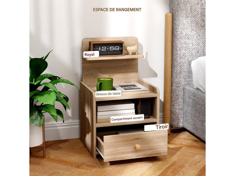  Table de chevet 1 tiroir en panneau de particules mélaminé coloris chêne 40 x 35 x 66 cm  - Conforama D