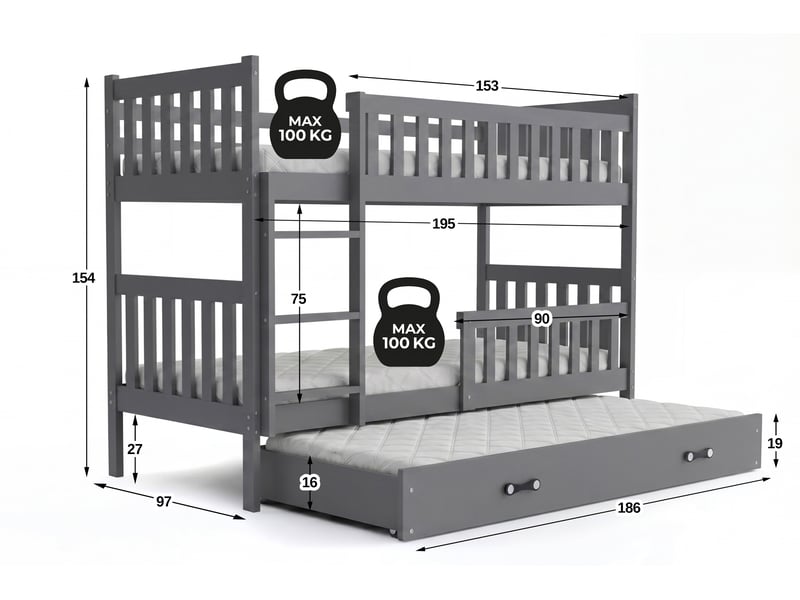  Lit superposé 3 places quba 90x190 cm + lit tiroir 80x180 cm interbeds - bois massif de pin - gris  - Conforama C
