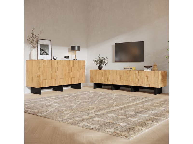  Ensemble meuble tv 180 cm et buffet 140 cm, finition bois naturel et noir  - Conforama D