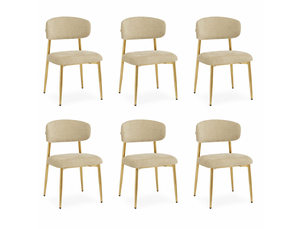 Lot de 6 chaises de salle à manger, dossier courbé, métal et bois, couleur marron et doré