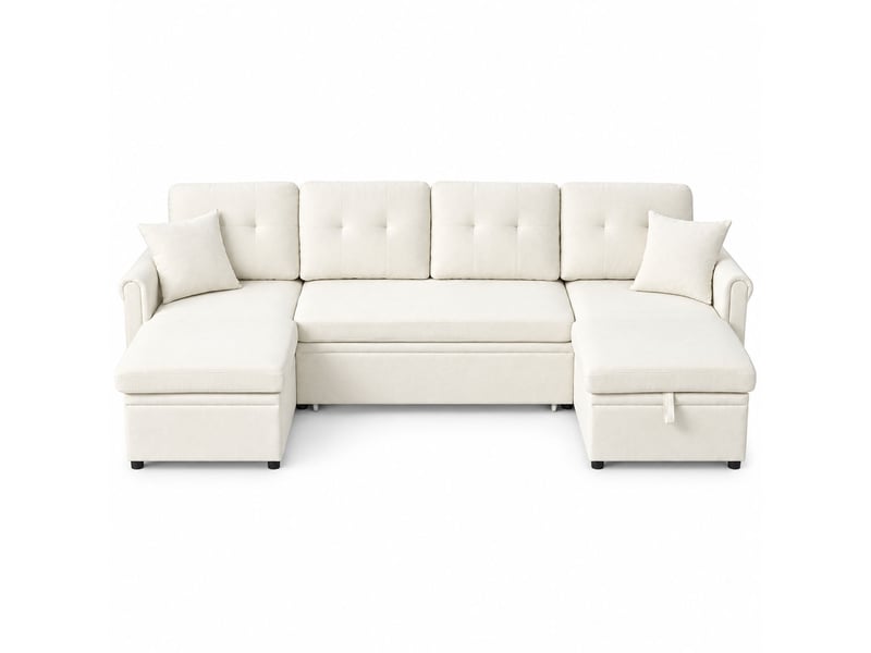  Canapé panoramique convertible en u 4 places 266x130x85 cm, couchage 240x124 cm, 2 coffres, assise profonde 109 cm, chenille beige  - Conforama A