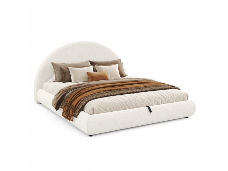  Lit coffre adulte 180x200 cm – blanc bouclé – sommier à lattes, rangement hydraulique, tête de lit capitonnée  - Conforama A