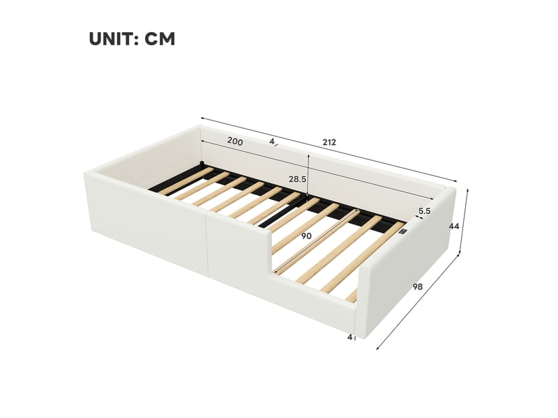  Lit simple 90x200 cm rembourré blanc avec barrière et station de charge  - Conforama C