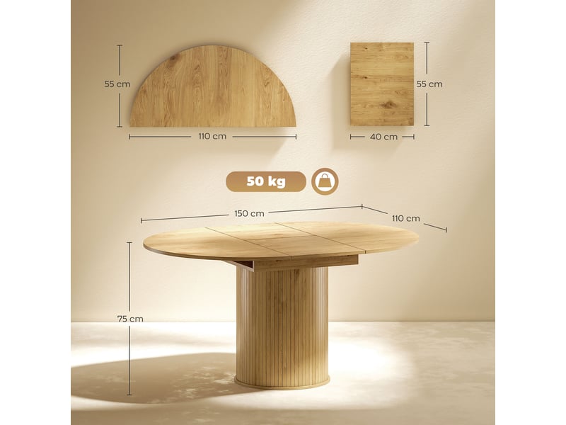 Table à manger extensible, table de cuisine mdf, couleur bois naturel 150x110x75cm - Conforama E