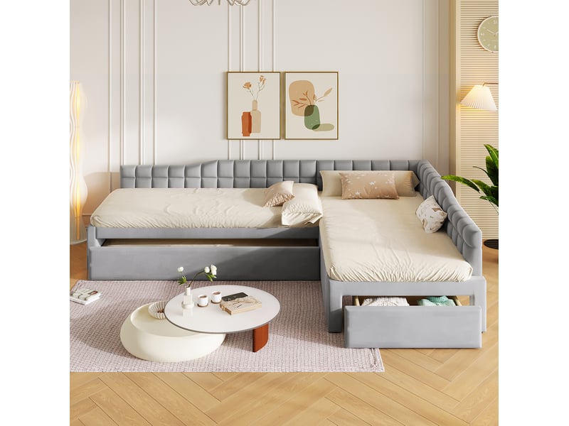 Lit d'angle rembourré 90x200 cm avec lit gigogne, tiroirs et velours gris - Conforama E