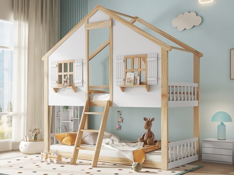  Lit superposé, 90 x 200 cm, belle fenêtre et toit, barrières de sécurité latérales, pin + mdf + contreplaqué, blanc et naturel  - Conforama B
