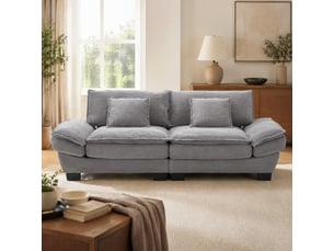 Canapé droit fixe 2 places en velours gris clair, 224 cm, avec 2 coussins et assise profonde pour le salon