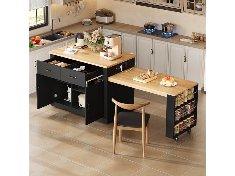 Îlot de cuisine mobile avec table extensible, desserte à roulettes avec prises et rangement, noir et bois, 132x60x93 cm - Conforama W