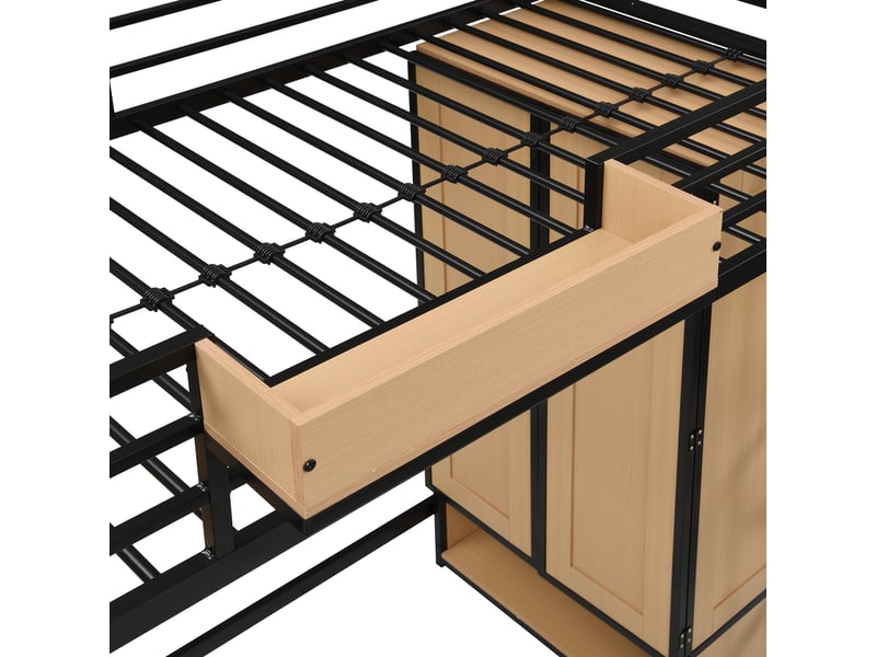  Lit mezzanine enfant 200×90 cm avec armoire, bureau, escalier à mains courantes et rangements, sans matelas  - Conforama E