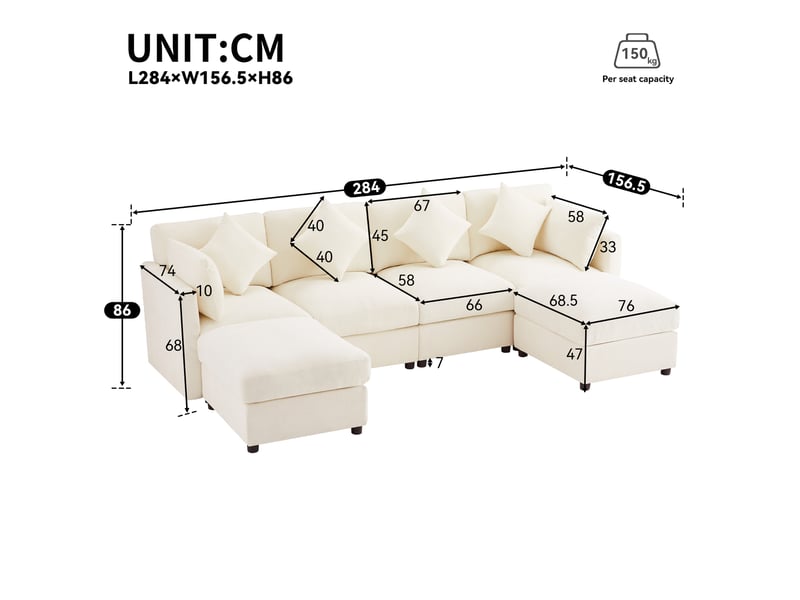 Canapé d'angle modulable ul 4-6 places 284x156,5x86 cm, style nuage, 2 poufs, accoudoirs réglables, 6 coussins, chenille beige - Conforama C