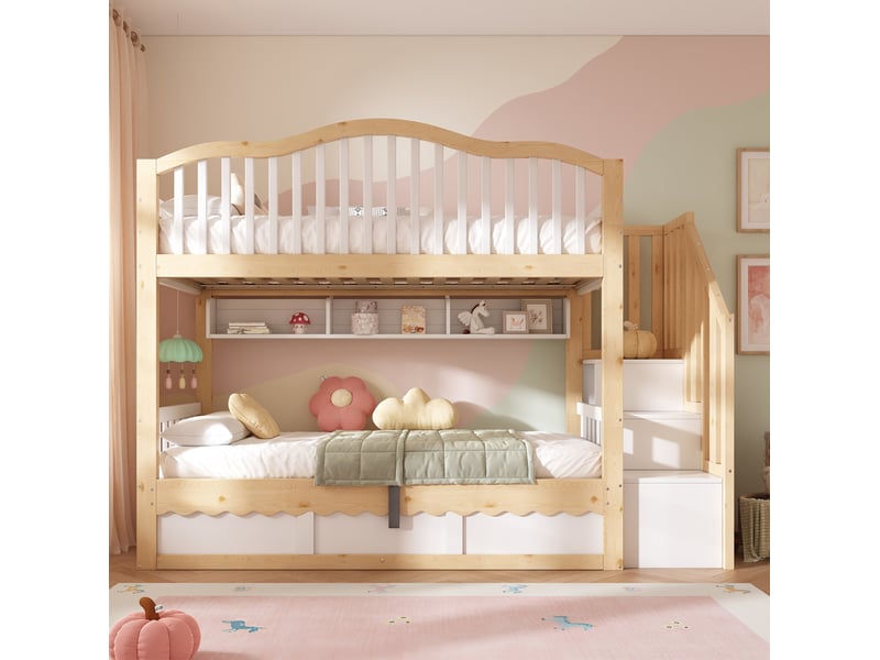 Lit superposé 90 × 200 cm 2 places avec coffre hydraulique, étagères et escalier, sans matelas, blanc chêne - Conforama B