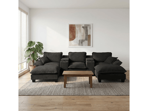 Canapé d'angle panoramique fixe <strong>BGSRYAO</strong> <strong></strong> 4 places Tissu noir avec coffre de rangement
